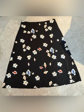 Lily Morgan Black Floral A-Line Elastic Waist Pull-on Midi Skirt NWOT